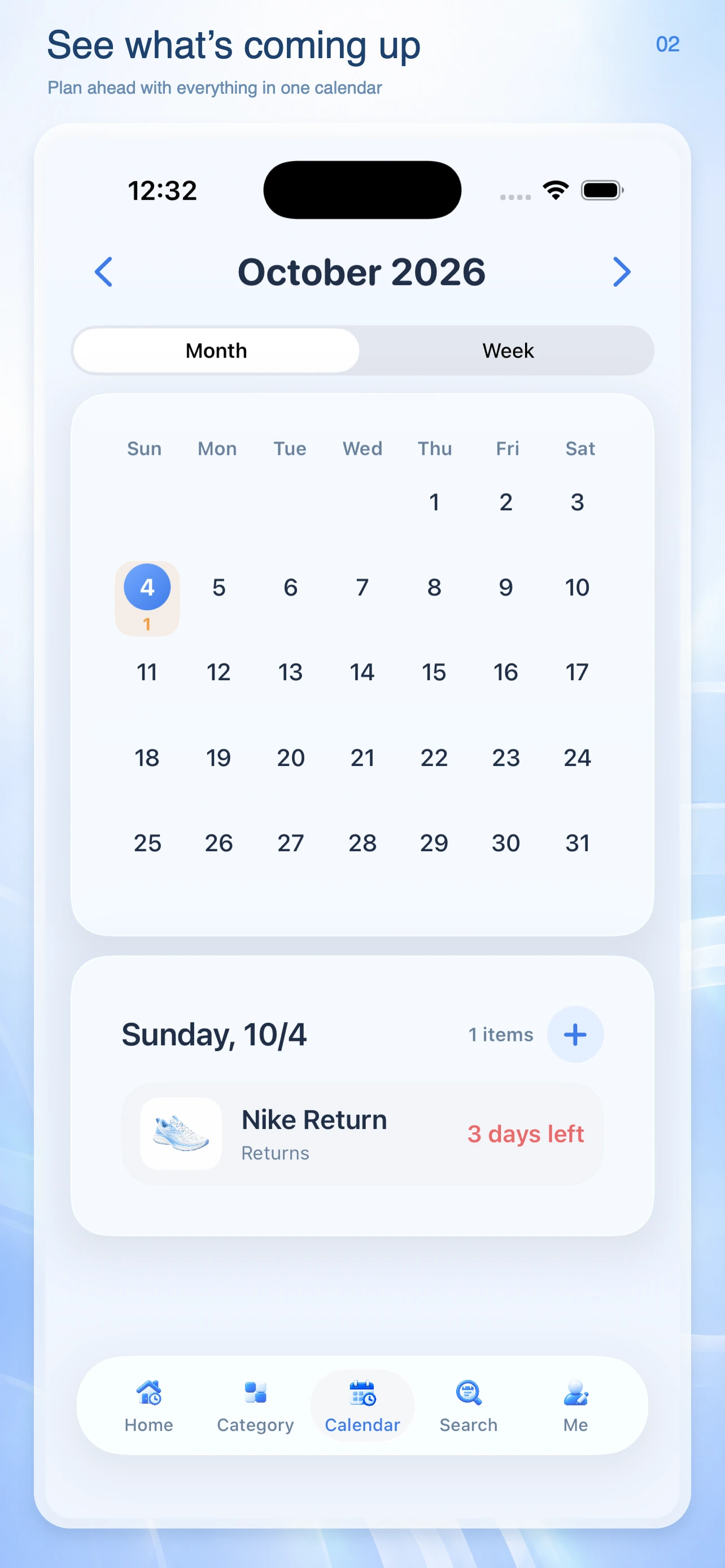 HowLong calendar view with an upcoming return date.