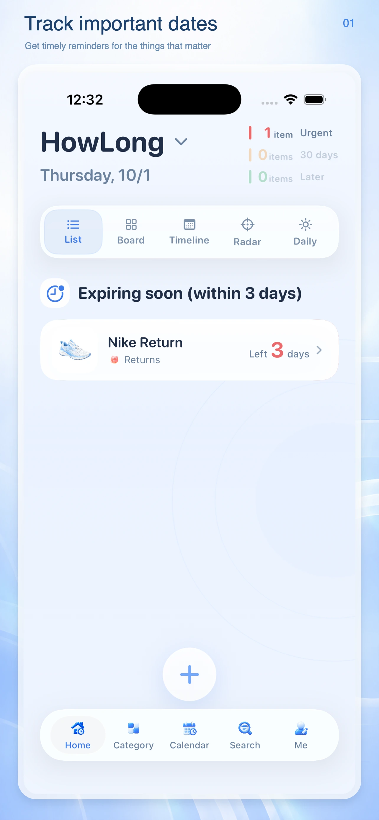 HowLong home screen showing a Nike return with 3 days left.