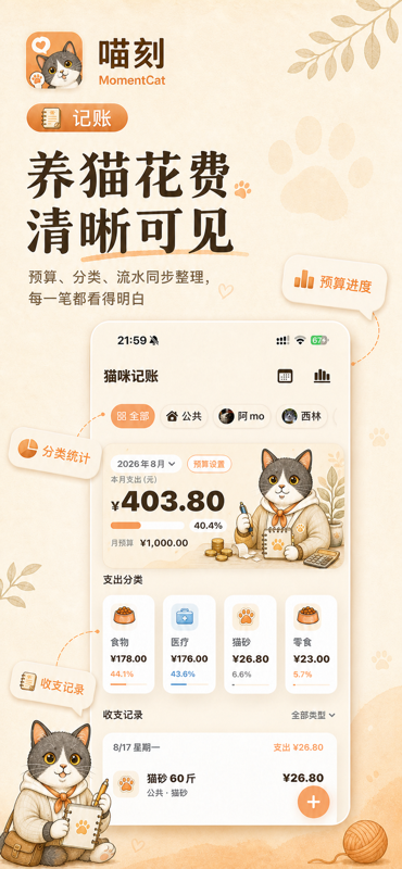 喵刻账本页面截图，可查看猫咪日常开销分类。
